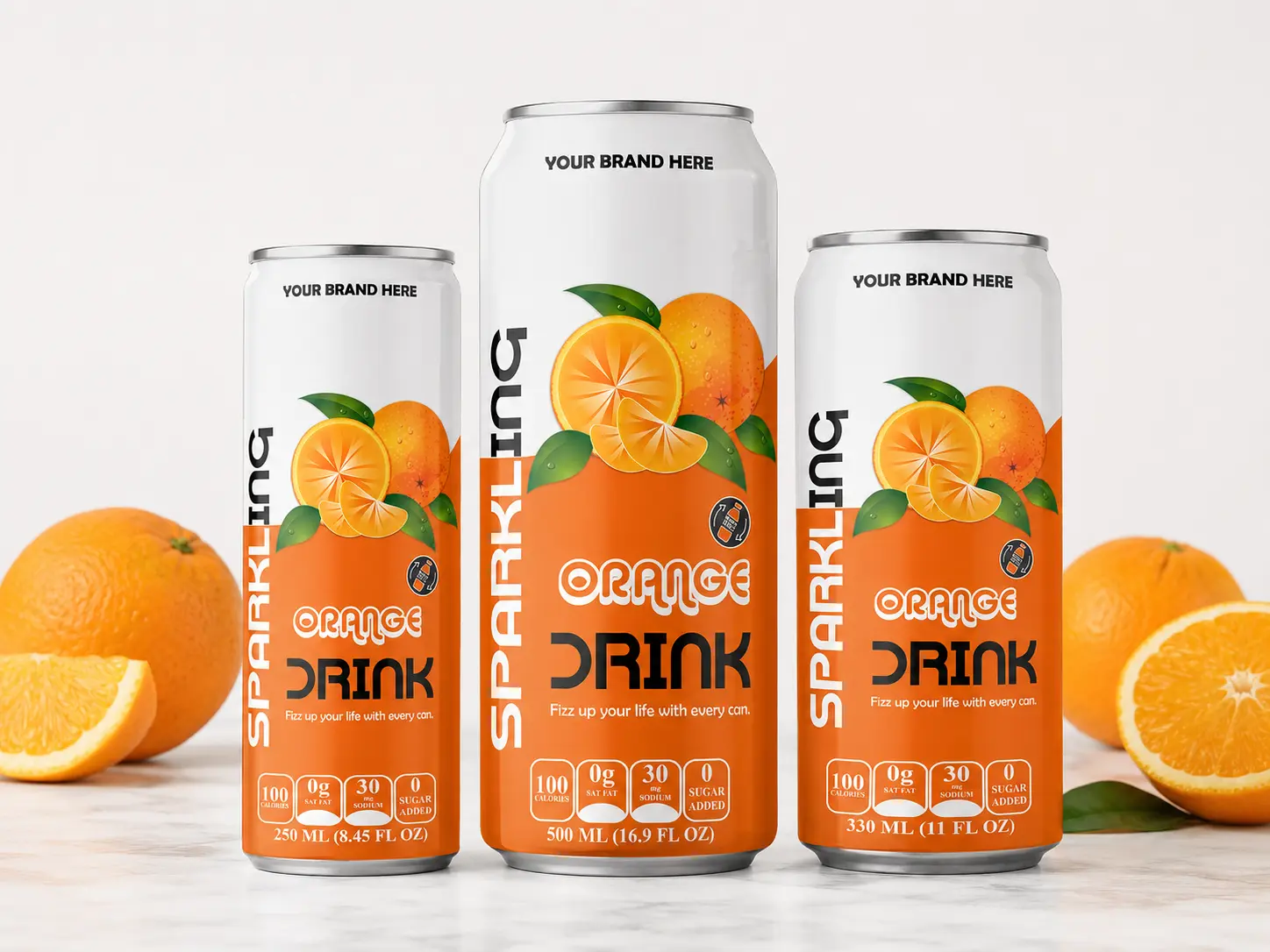 SPARKLING DRINK Orange Flavored Drink in 275ml, 500ml, and 330ml cans.
